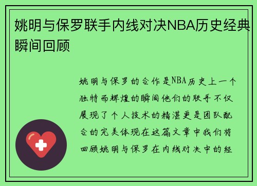 姚明与保罗联手内线对决NBA历史经典瞬间回顾